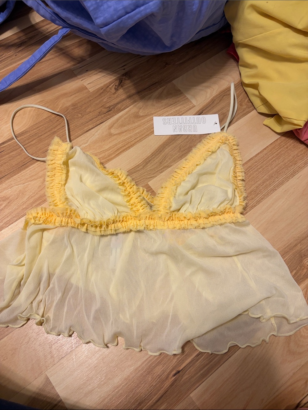Urban Outfitters Pale Yellow Ruffle Mesh Chemise Top